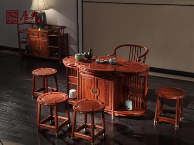居典红木 刺猬紫檀 新中式圆融茶台、博古架、茶水柜